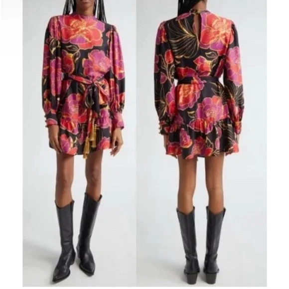 Farm Rio Shiny Chita Mini Dress Black Combo S - Picture 1 of 9